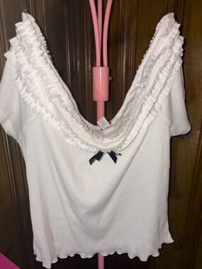 White Ruffled Neck Top with Black Bow